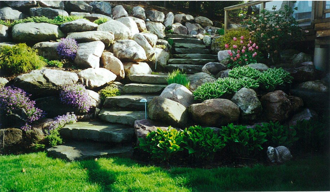 Plants and Patios Stairs, Boulder Wall and Plantings